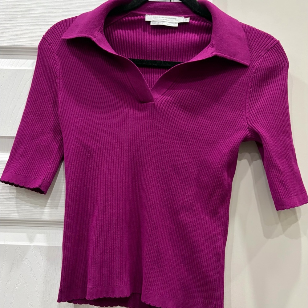 Simon’s Magenta Rib-Knit Short Sleeve Polo Top
